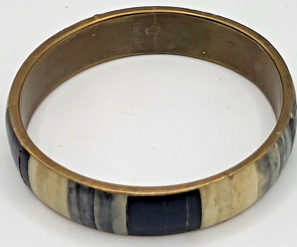 Bovine Black and White Natural Inlay Vintage Brass Bangle Panel Bracelet 2.6in
